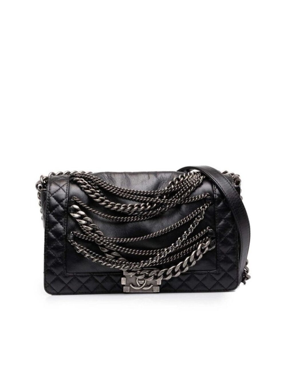 Chanel Quilted CC Logo Boy Chain Shoulder Bag Black Silver Lambskin